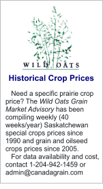 Need a specific prairie crop price? The Wild Oats Grain Market Advisory has been compiling weekly (40 weeks/year) Saskatchewan special crops prices since 1990 and grain and oilseed crops prices since 2005.    For data availability and cost, contact 1-204-942-1459 or admin@canadagrain.com  Historical Crop Prices
